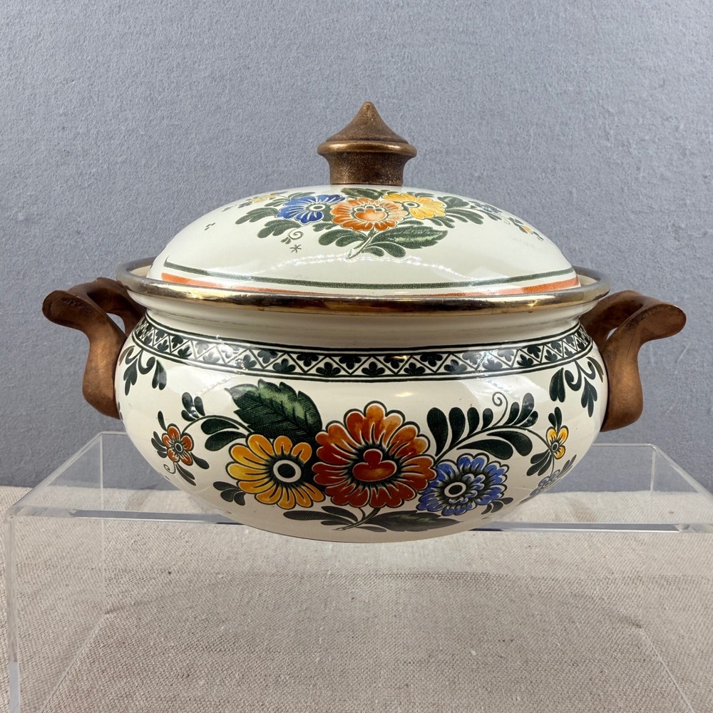 Vintage ASTA Enamelware Floral Casserole Pot with Lid West Germany Brass Handles